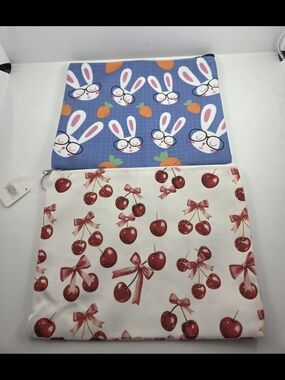 Cherry Print Canvas Pouch & Blue Bunny Zipper Bag